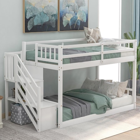 Direct Wicker Twin over Twin Floor Bunk Bed Frame, Ladder with Storage White UBS-SM000106AAK-1